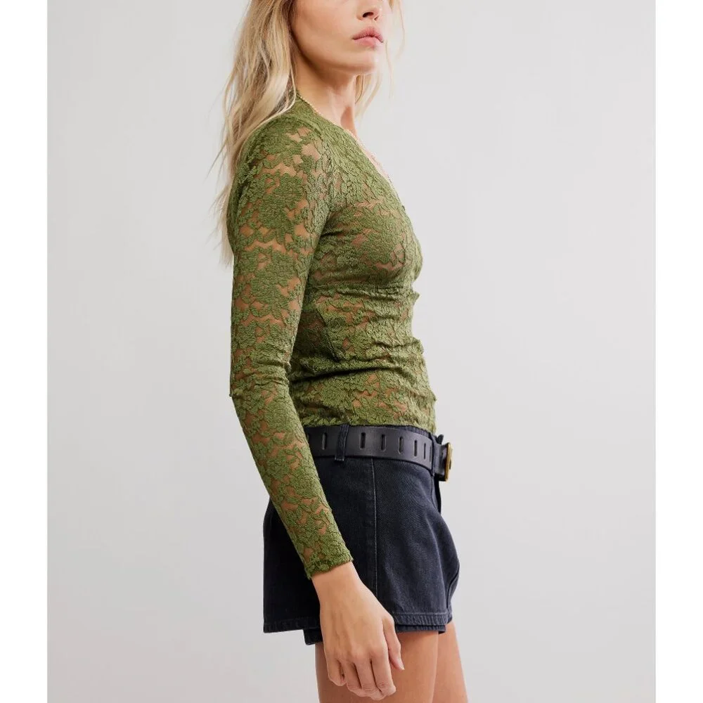 Free People Olive Green Lace Long Sleeve Camisole - Picture 2 of 6